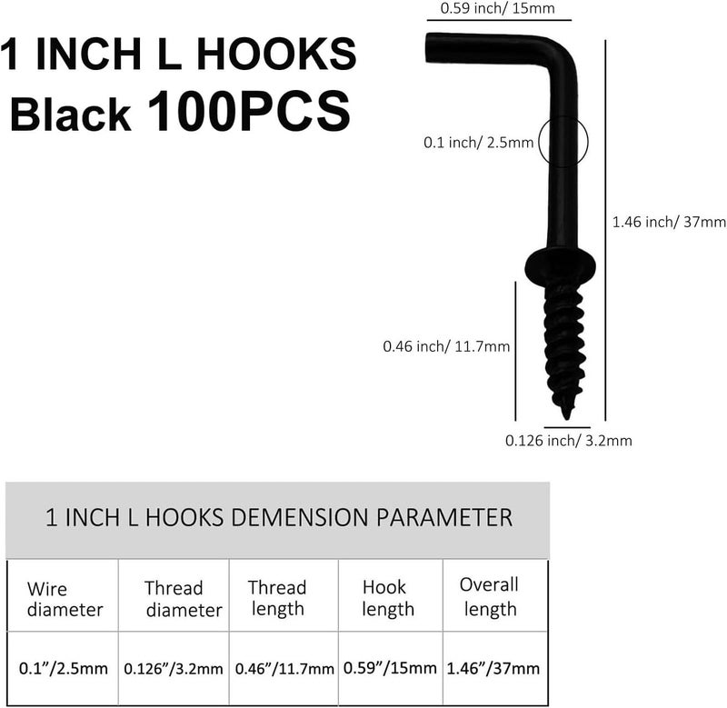 ANDILIKE 100 PCS Black 7 Shaped Right Angle Screw Hooks,1 Inch Screw in L Shaped Hooks for Hanging Lamp,Plants,Decorations,kitchenware and DIY Crafts - Image 2